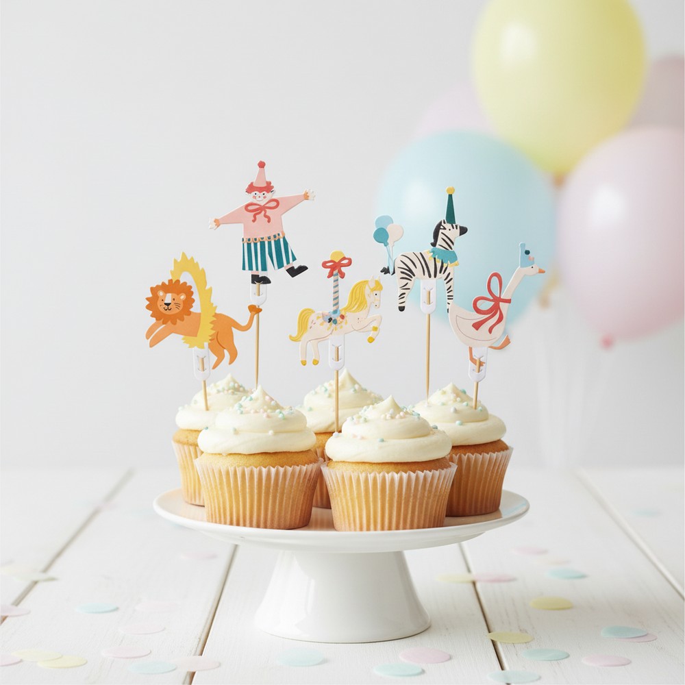 Cirkus Cupcake Kagetoppere - 6 stk (9-11.5 cm) | Cirkus Kagefigur / kagetopper - Temashop