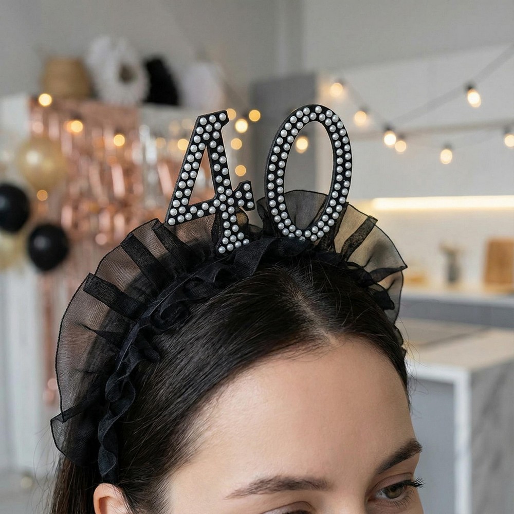 40-Års Perle Hårbøjle Sort (12 x 19.5 cm) | 40 år Hårbøjle / Pandebånd / Hårbånd - Hovedtilbehør - Temashop