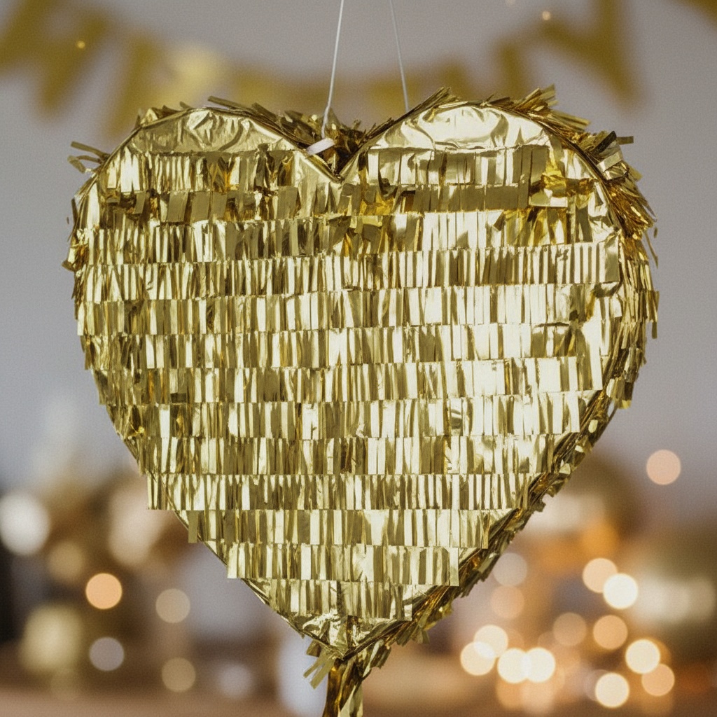 Hjerte Piñata Guld - 1 stk (36 x 32 x 10 cm) | Guld tema Pinata - Temashop