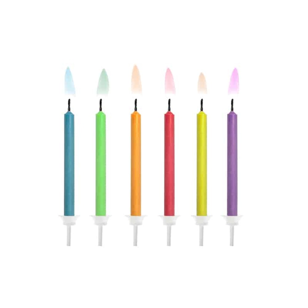 Kagelys Mix Med Farvet Flamme - 6 stk (6 cm) | Fødselsdag Kagelys - Temashop