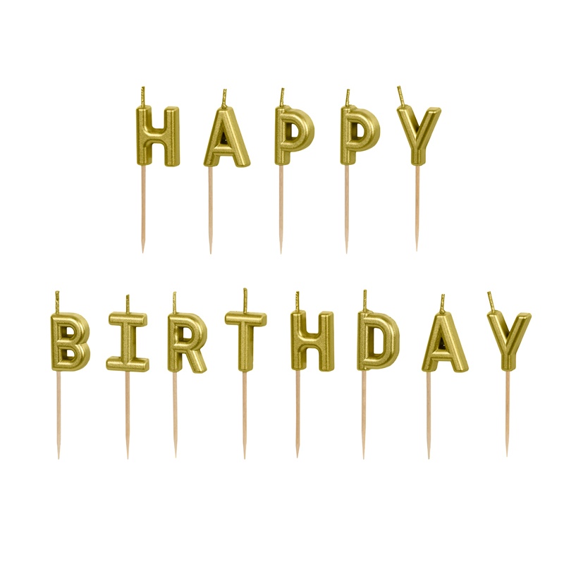 Happy Birthday Kagelys Guld - 13 stk (2,5 cm) | Fødselsdag Kagelys - Temashop