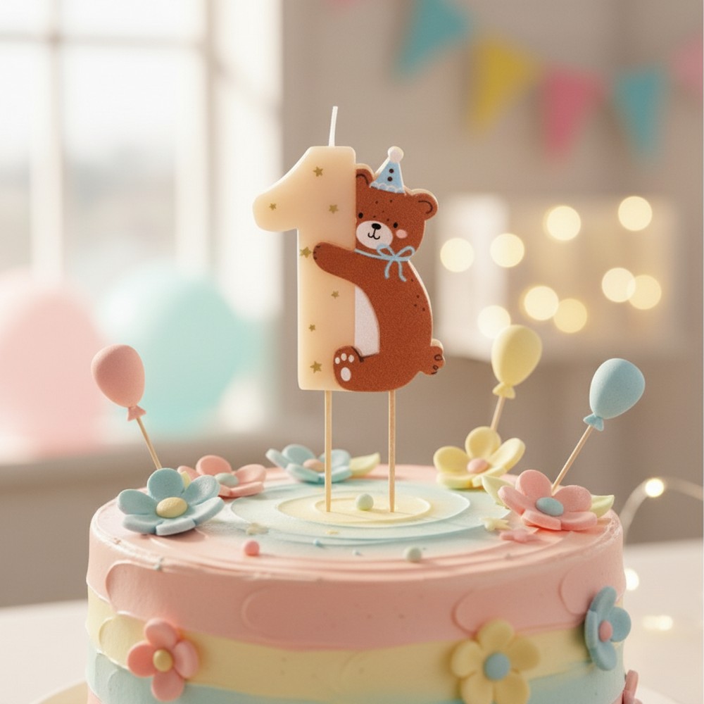 1 Års Bamse Kagelys - 1 stk (7 cm) | 1 år Kagelys - Temashop