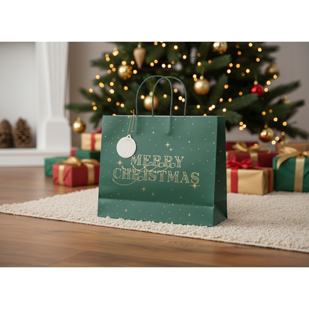 Merry Chistmas Gavepose Grøn - 1 stk (32,5 x 26,5 x 11,5 cm) | Julegave Poser / Goodiebags - Temashop