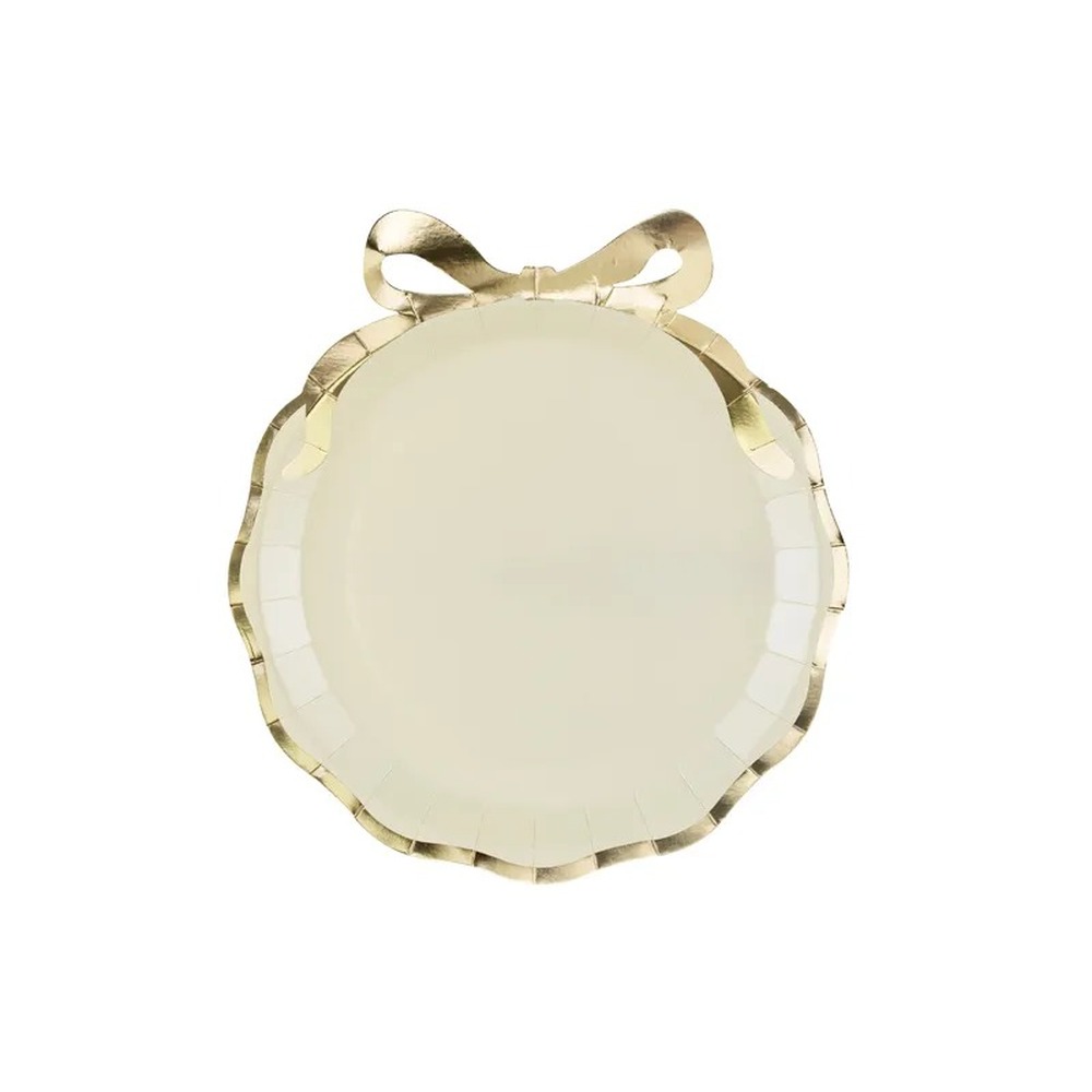 Sløjfe Paptallerkener Beige/Guld - 6 stk (24 x 26,8 cm) | Guld tema Tallerkner - Temashop