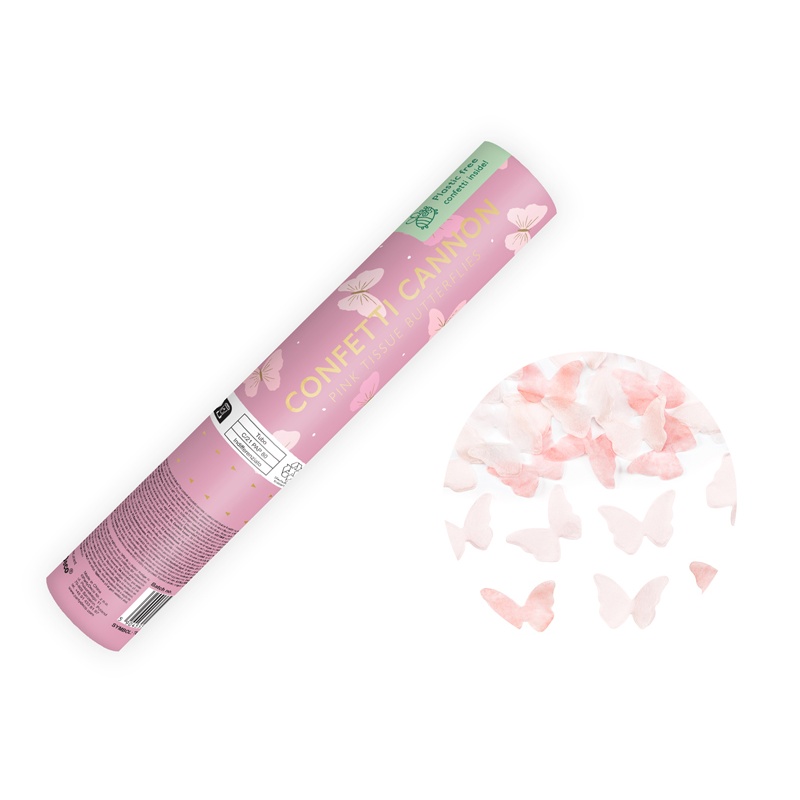 Konfettirør Sommerfugle Lyserød - 1 stk (20 cm) | Sommerfugl Konfetti - Temashop