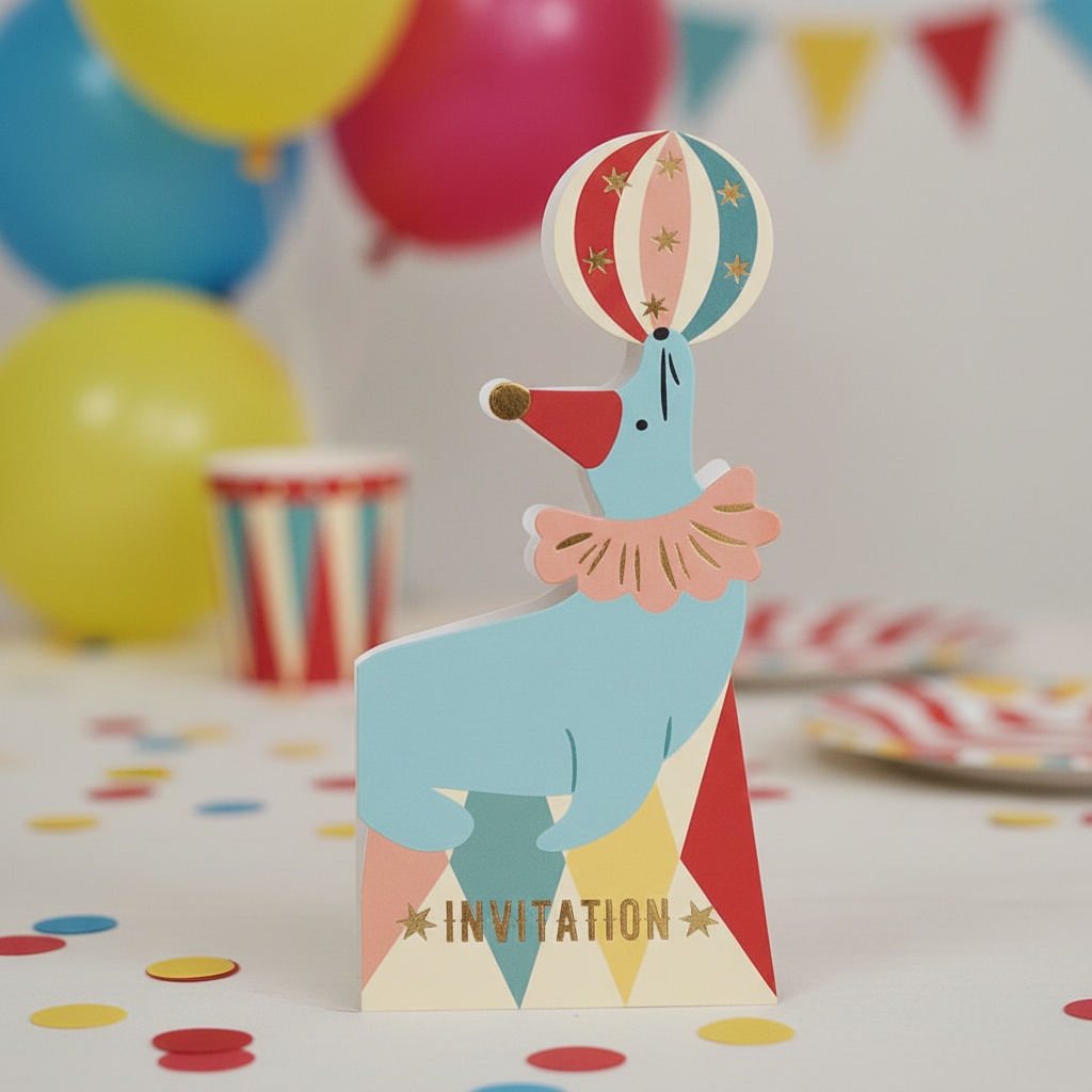 Cirkus Søløve Invitationer - 6 stk (8.5 x 18.5 cm) | Sæl Invitationer - Temashop