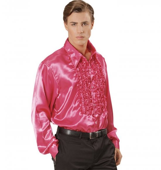 Pink Satinskjorte - Årtier kostume til voksne i størrelserne M-XL | 70'erne Disco kostume til mænd - Temashop
