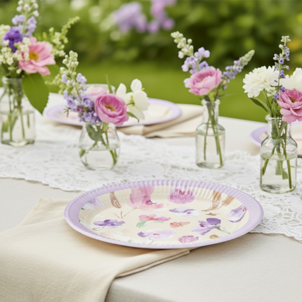 Blomster Paptallerkener Lyserød - 8 stk (20 cm) | Blomst Tallerkner - Temashop