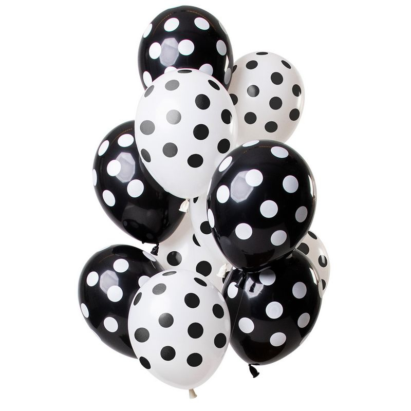 Polkaprikkede Ballon Mix Hvid/Sort - 12 stk (30 cm) - Temashop
