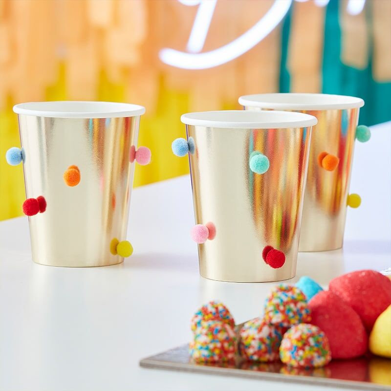 Pompom Papkrus Guld - 8 stk (250 ml) | Konfetti tema Krus - Temashop