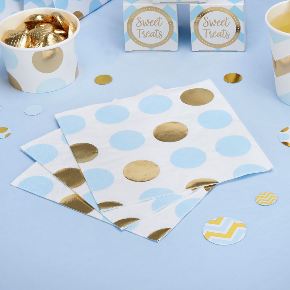 Prikkede Servietter Lyseblå/Guld - 16 stk (33 x 33 cm) | Babyshower Servietter - Temashop