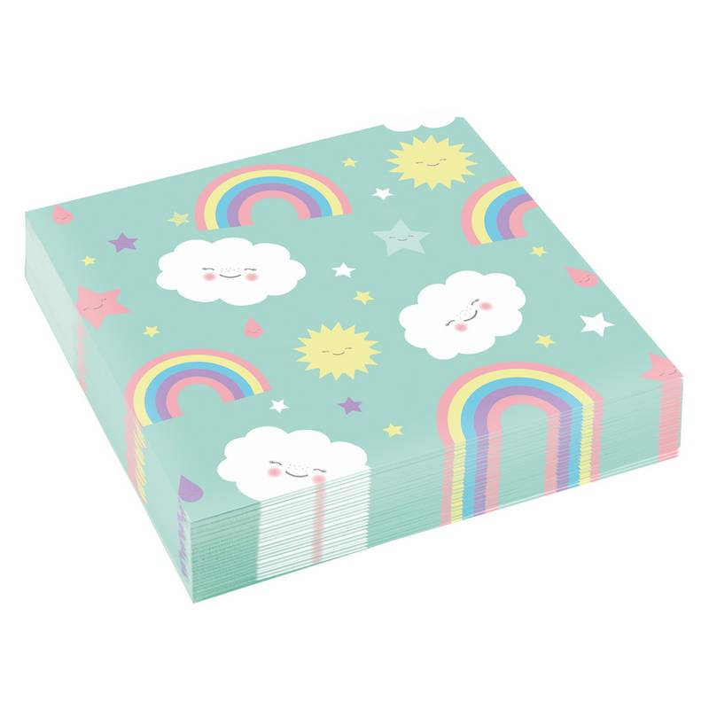 Rainbow And Cloud Servietter Turkis - 20 stk (33 x 33 cm) | Regnbue Servietter - Temashop