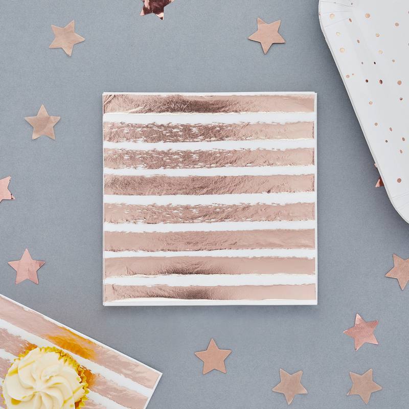 Rosaguldstribede Servietter - 16 stk (33 x 33 cm) | Rosaguld tema Servietter - Temashop