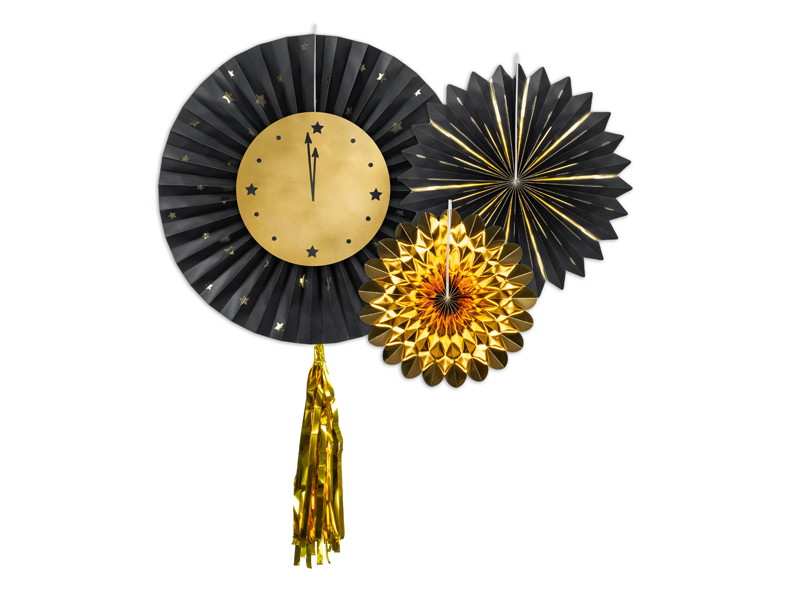 Nytårs Rosetter Sort/Guld - 3 stk (26 - 43 cm) | Nytår Vifter / Rosetter - Temashop