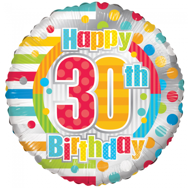 Rund Happy 30th Birthday Folieballon - 1 stk (46 cm) | 30 år Folieballoner - Temashop