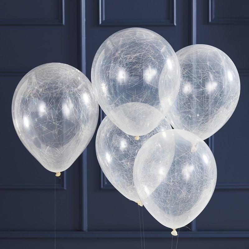 Sølv Englehår Konfetti Balloner - 5 stk (30 cm) | Engle Konfettiballoner - Temashop