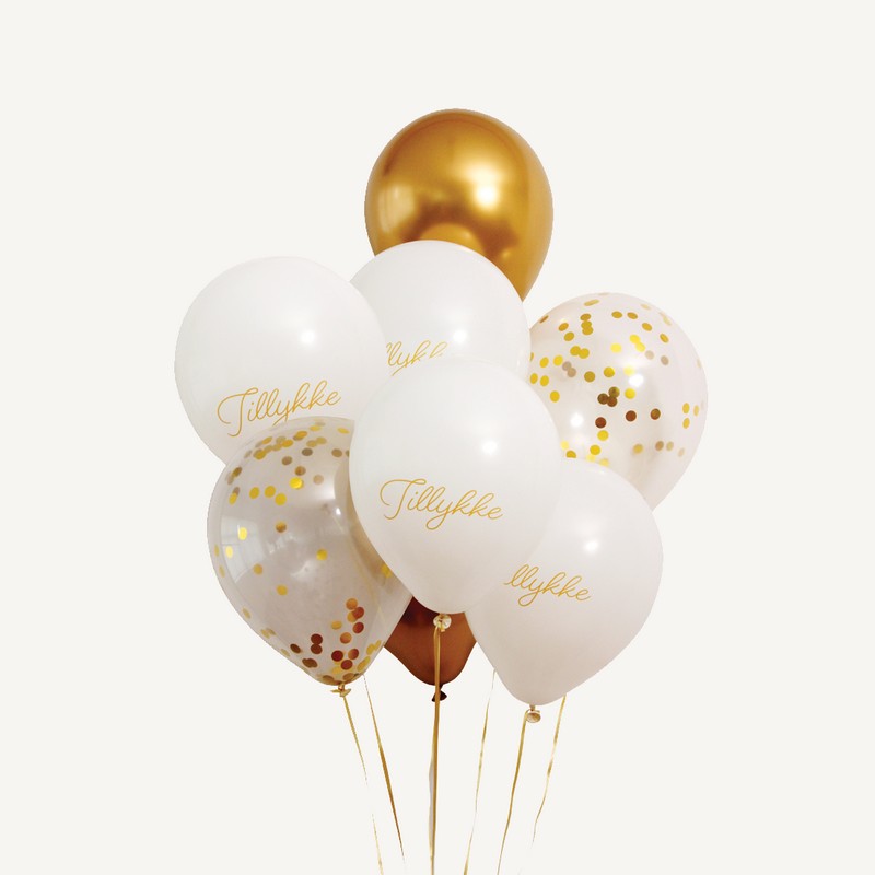 Tillykke Ballonbuket Guld/Hvid - 10 dele (30 cm) | Tillykke Ballonbuket - Temashop