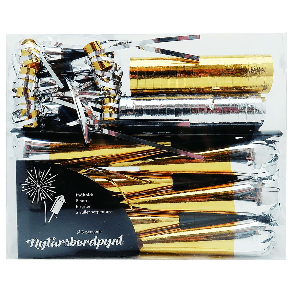 Nytår Bordpynt Sæt Guld/Sølv - 14 dele (10 - 22 cm) | Nytår Ryslere / truthorn - Temashop