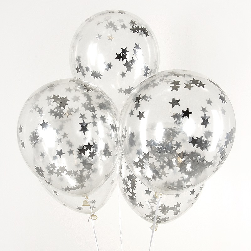 Stjerne Konfetti Balloner Sølv - 5 stk (30 cm) | Sølv tema Konfettiballoner - Temashop