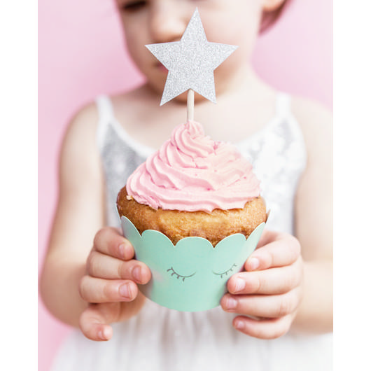 Stjerne Madpinde Glitter Sølv - 6 stk (11,5 cm) | Babyshower Kagepinde - Temashop