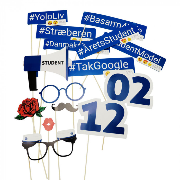 Student Selfie Props Blå - 15 stk (25 cm) | Studerende Photobooth - Temashop