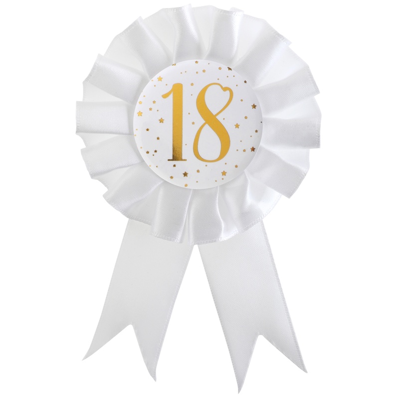 18 Års Rosette Hvid/Guld - 1 stk (Ø 8 x 15 cm) | 18 år Badges / Brocher - Temashop