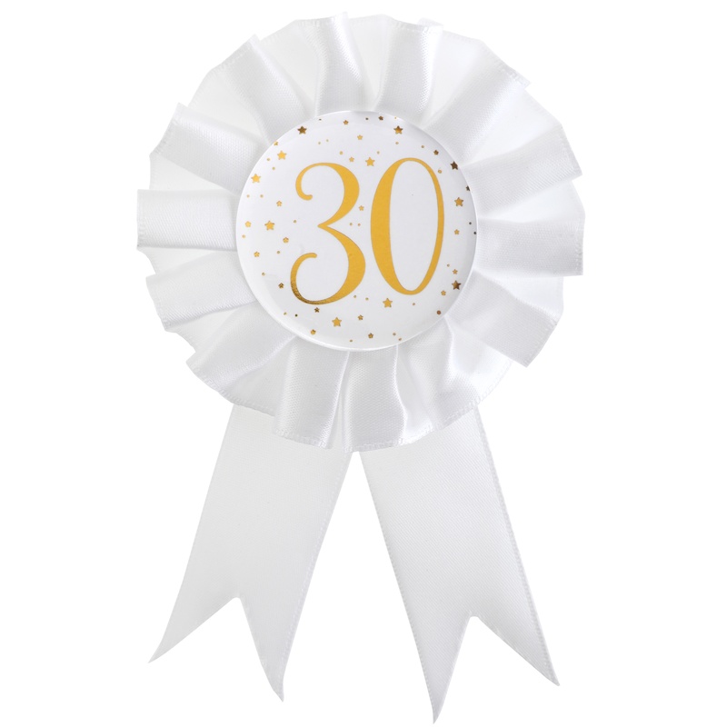 30 Års Rosette Hvid/Guld - 1 stk (Ø 8 x 15 cm) | 30 år Badges / Brocher - Temashop