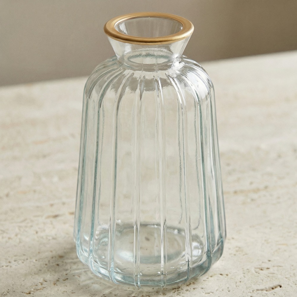 Rillet Konisk Glasvase Guldkant - 1 stk (Ø 6,5 x 11 cm) - Temashop