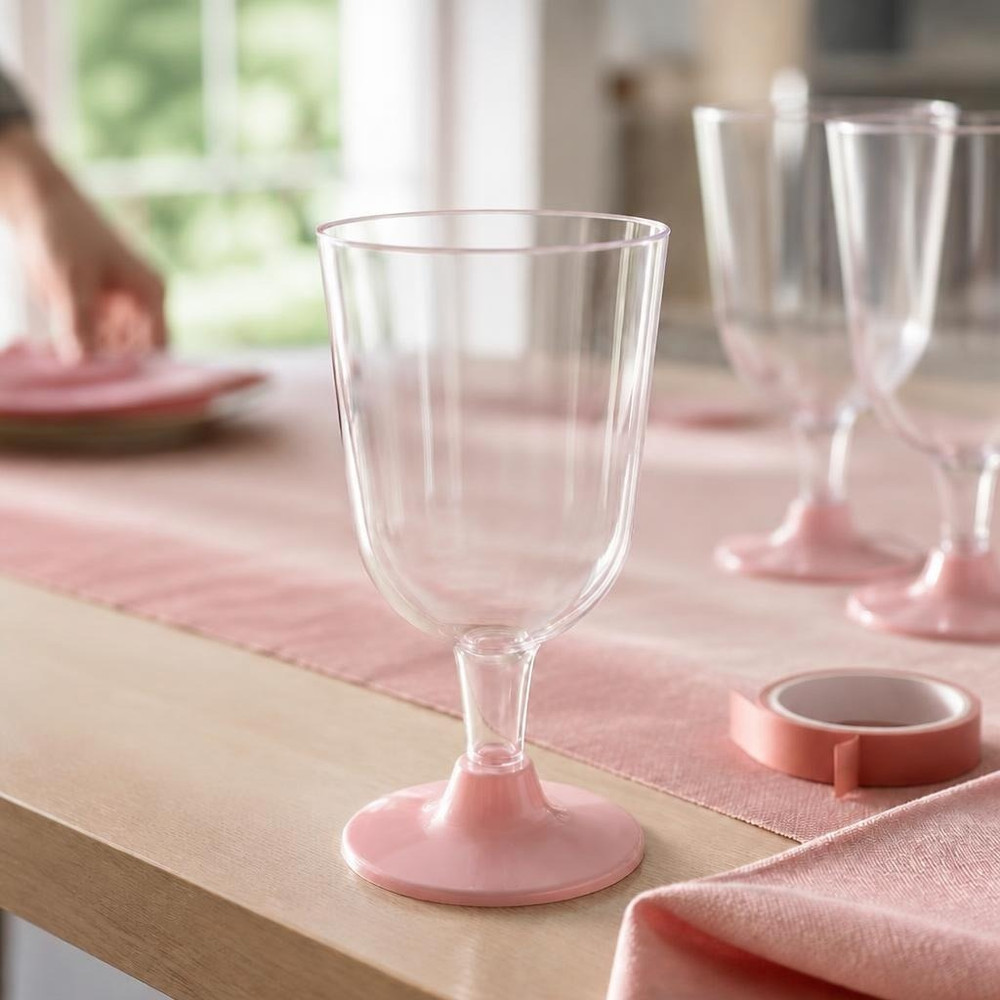 Plast Vinglas Lyserød Fod - 6 stk (207 ml) | Lyserødt Tema Glas - Temashop