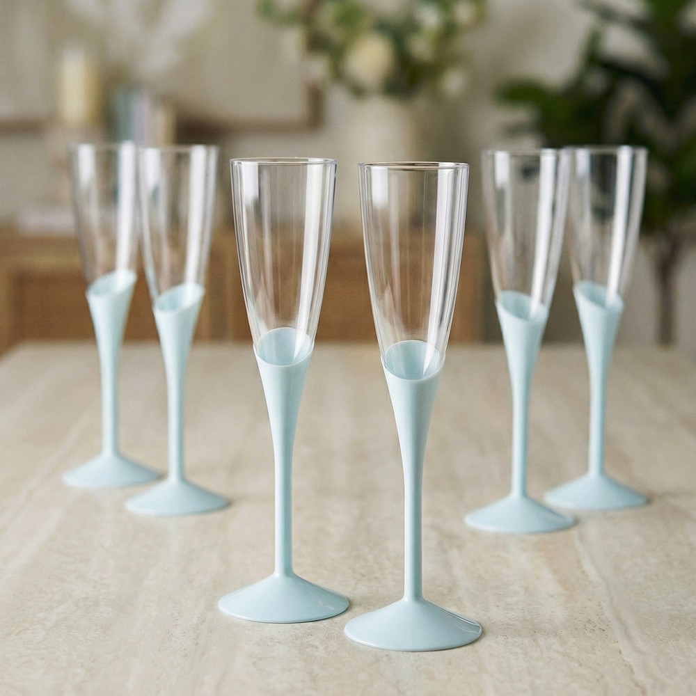 Flute Skrå Champagneglas Lyseblå - 6 stk (139 ml) | Lyseblåt Tema Glas - Temashop