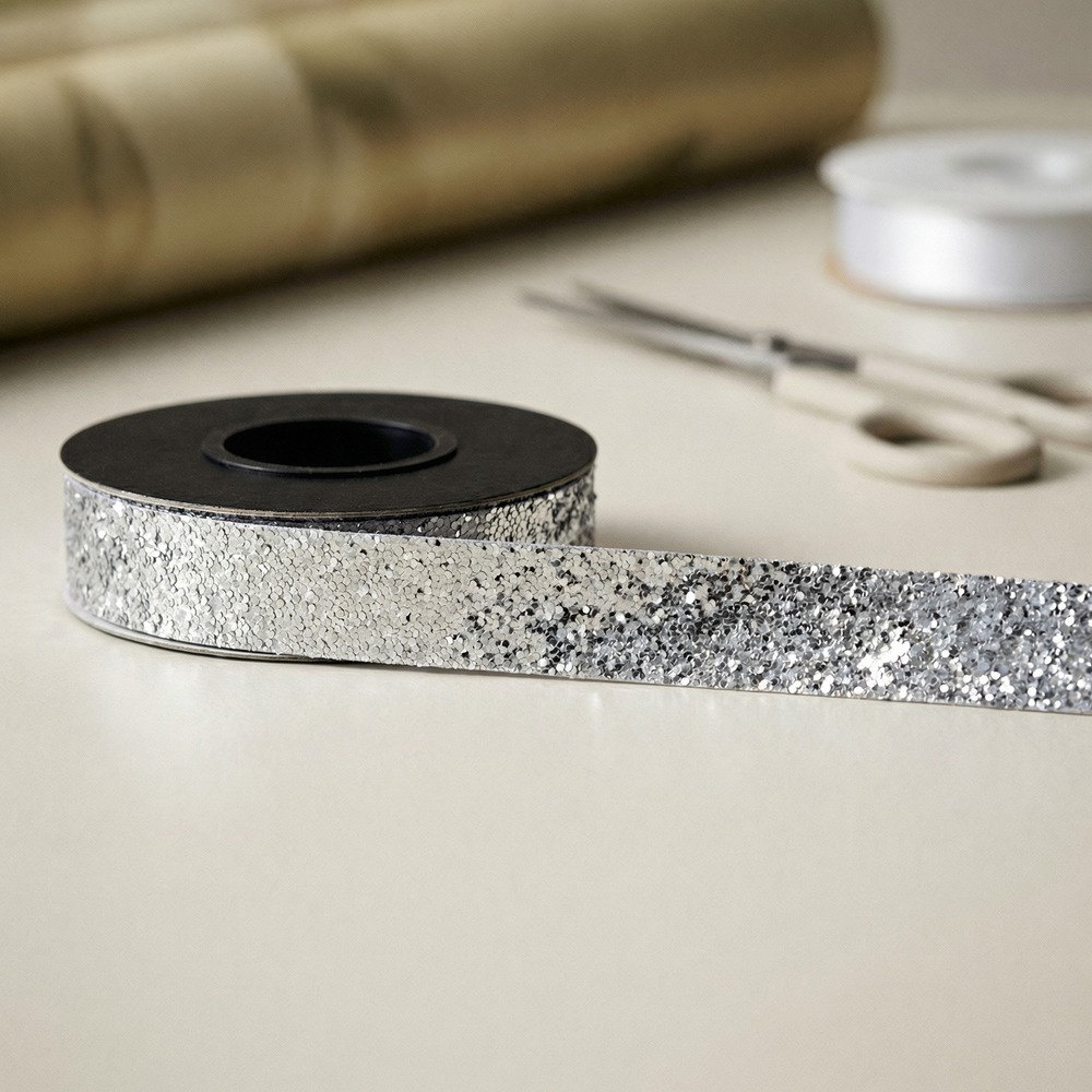 Glitterbånd Sølv - 1 rulle (1,5 x 500 cm) | Sølv tema Bånd - Temashop