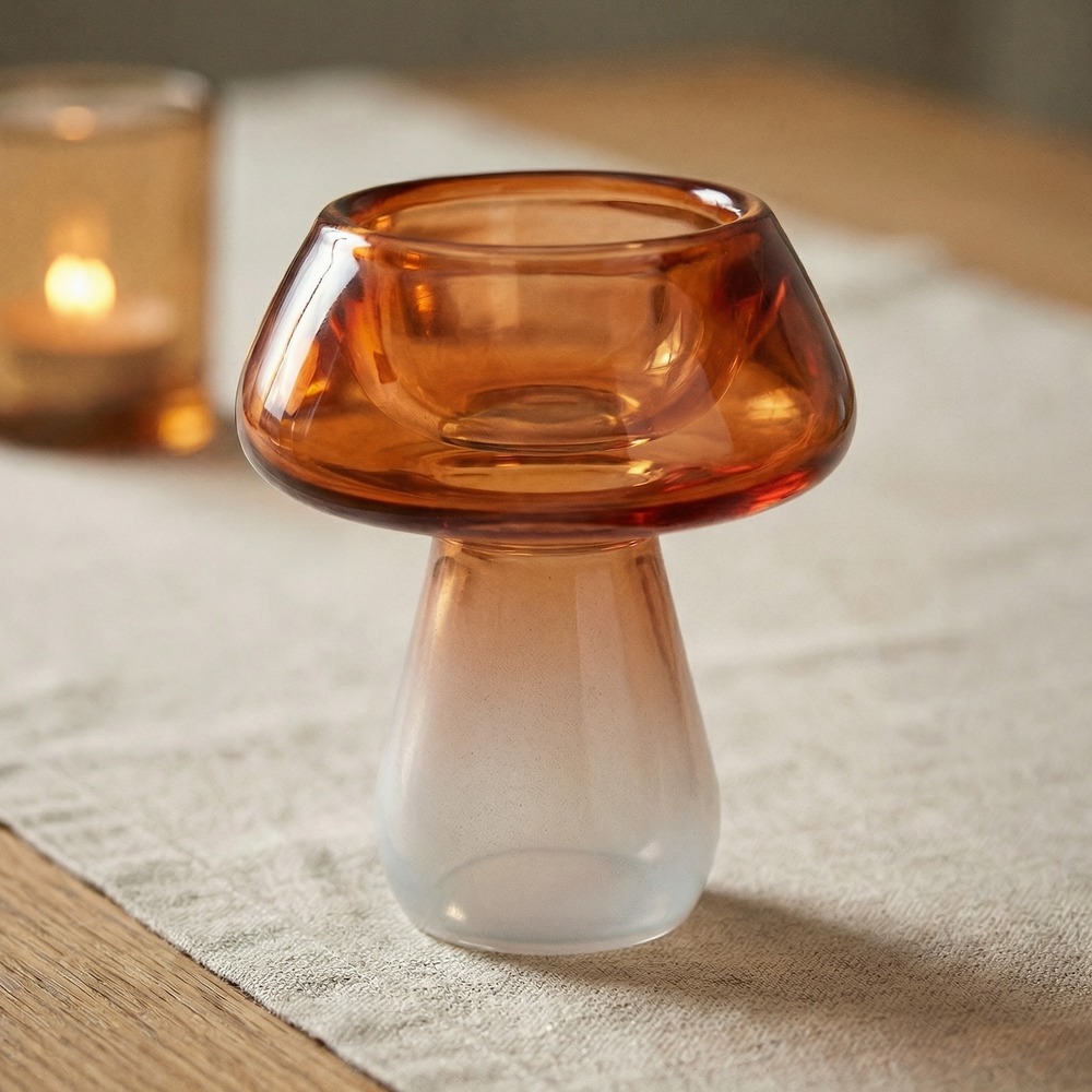 Svampeformet Glas Lysestage Orange - 1 stk (Ø 6,5 x 9 cm) | Skov Lysestager - Temashop