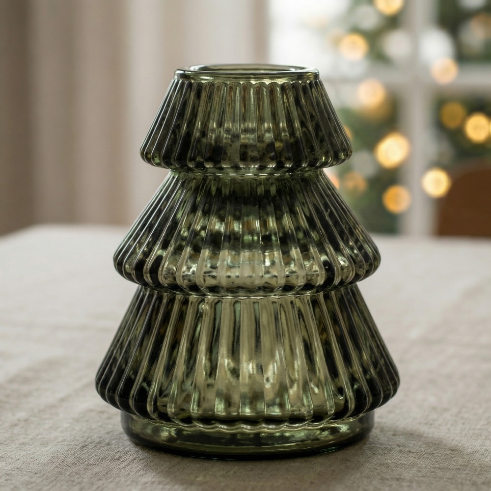 Juletræs Glas Lysestage Grøn - 1 stk (6 x 7,5 cm) | Juletræ Lysestager - Temashop