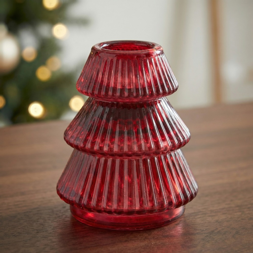 Juletræs Glas Lysestage Rød - 1 stk (6 x 7,5 cm) | Juletræ Lysestager - Temashop