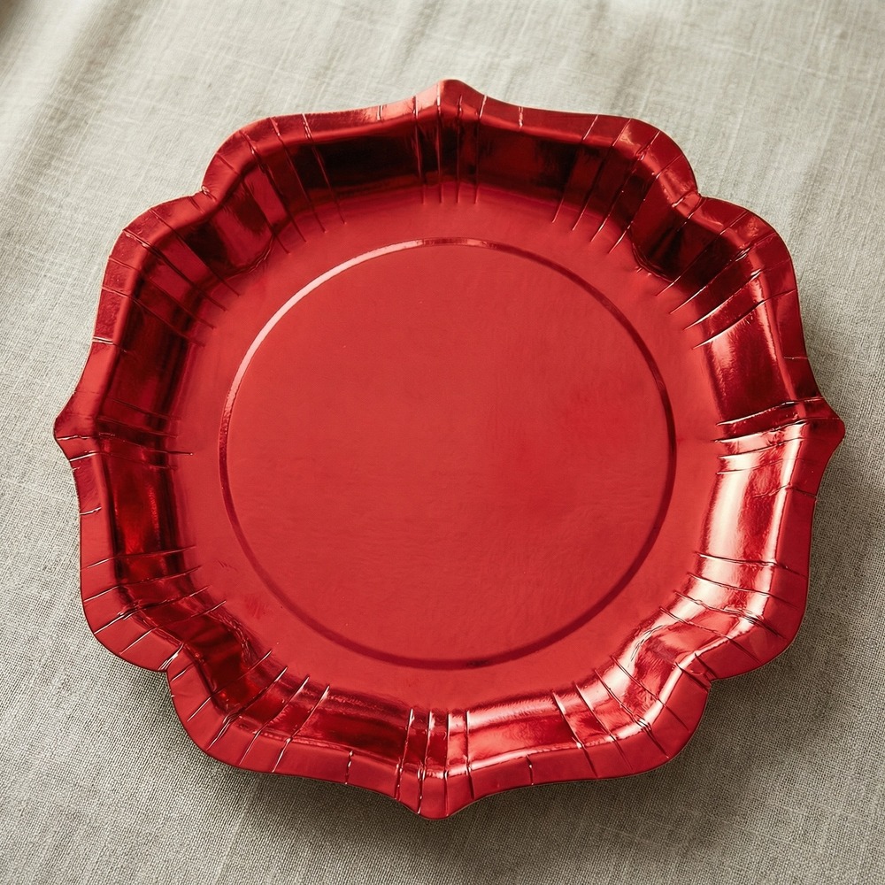 Skinnende Scallop Paptallerkener Rød - 10 stk (21 x 21 cm) | Rødt tema Tallerkner - Temashop