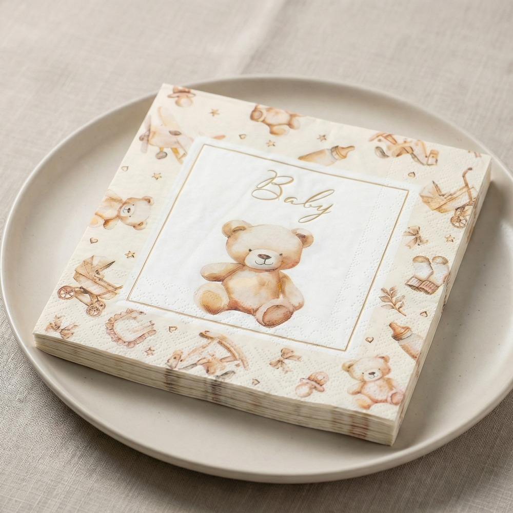 Little Teddy Servietter Elfenben - 12 stk (33 x 33 cm) | Bjørn Servietter - Temashop