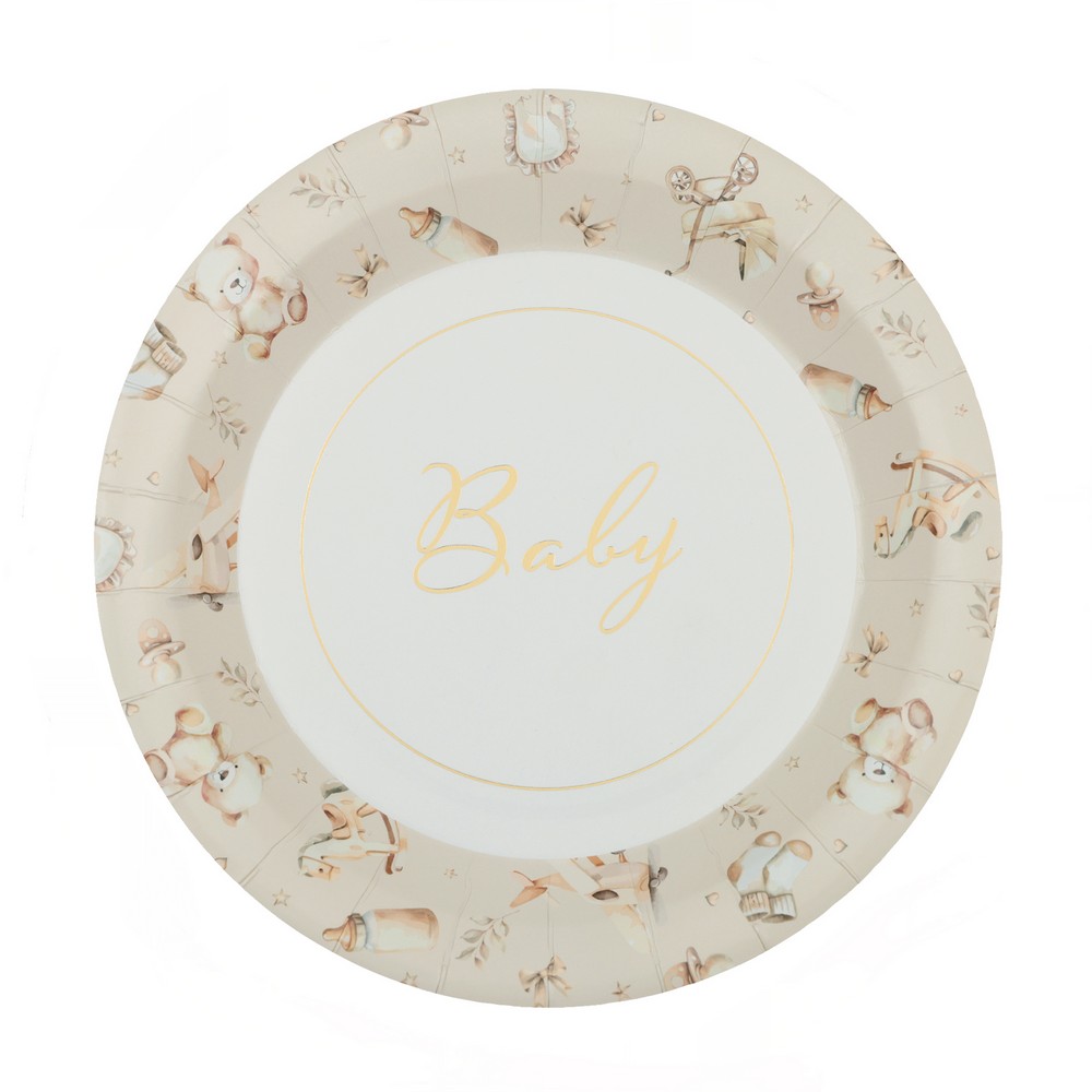Little Teddy Paptallerkener Elfenben - 6 stk (Ø 22,5 cm) | Babyshower Tallerkner - Temashop