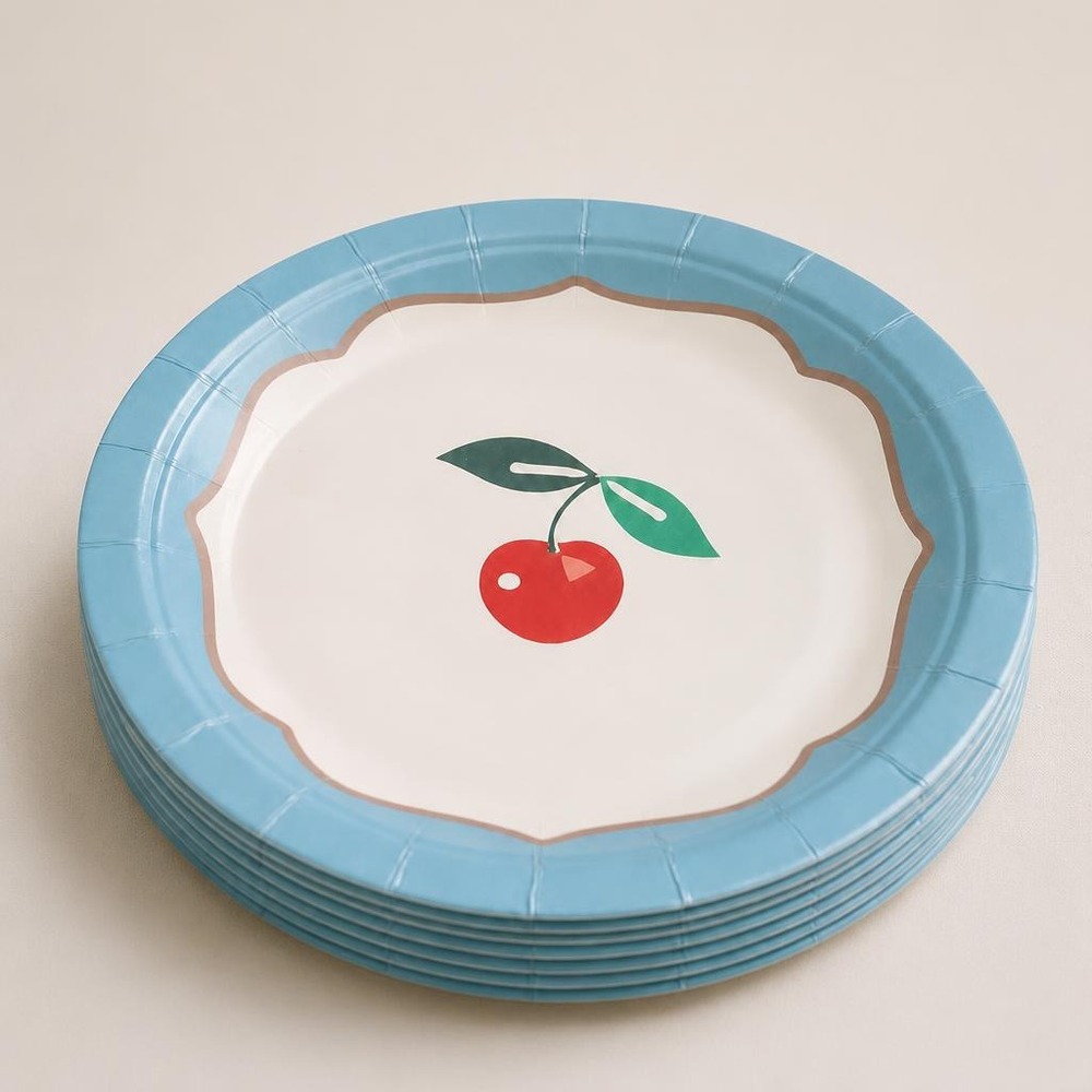 Kirsebær Paptallerkener Himmelblå - 6 stk (Ø 17,5 cm) | Frugt Tallerkner - Temashop