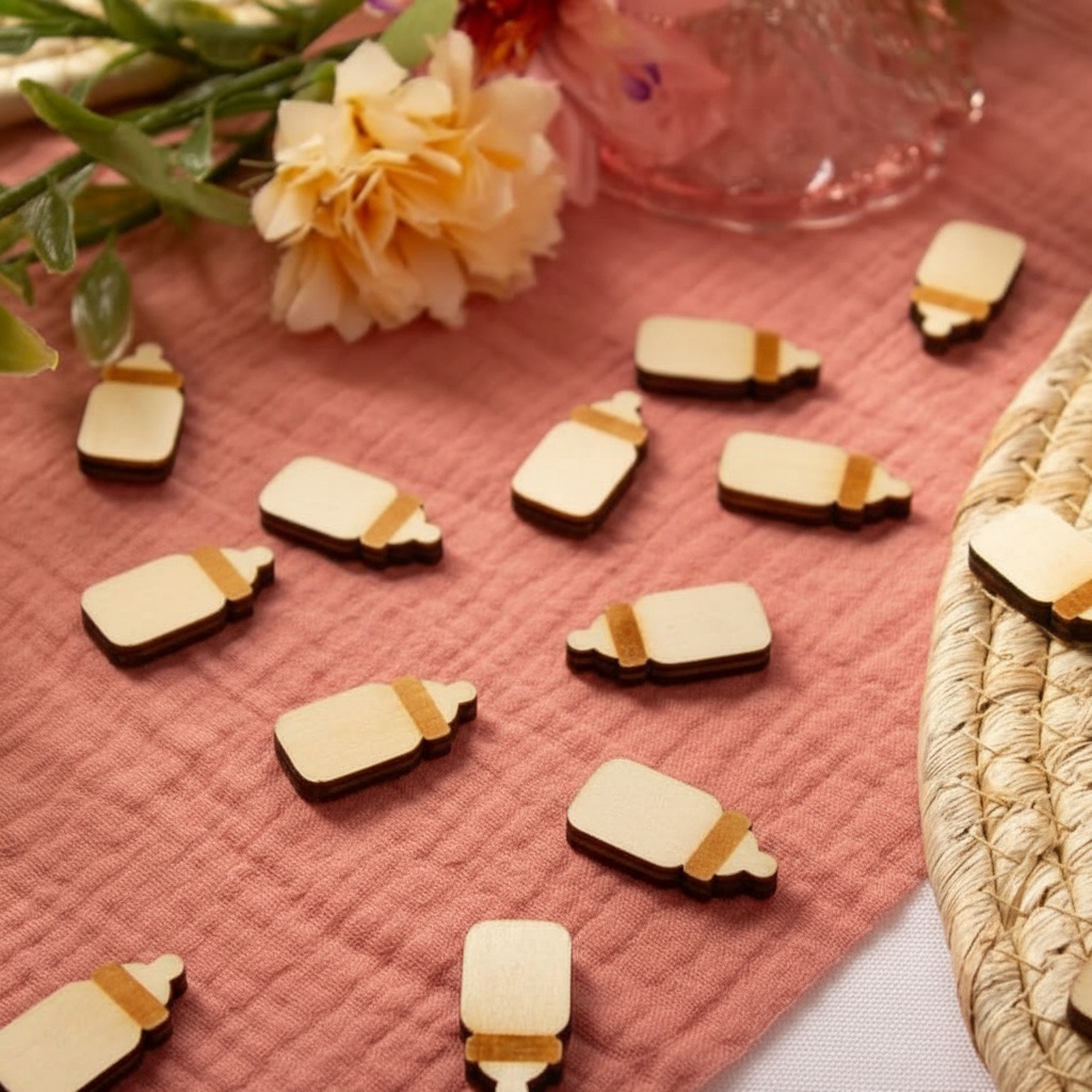 Sutteflaske Træ Konfetti - 21 stk (1,5 x 3 x 0,5 cm) | Babyshower Konfetti - Temashop