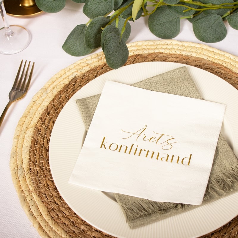 Årets Konfirmand Servietter Hvid/Guld - 20 stk (33 x 33 cm) | Konfirmation Servietter - Temashop