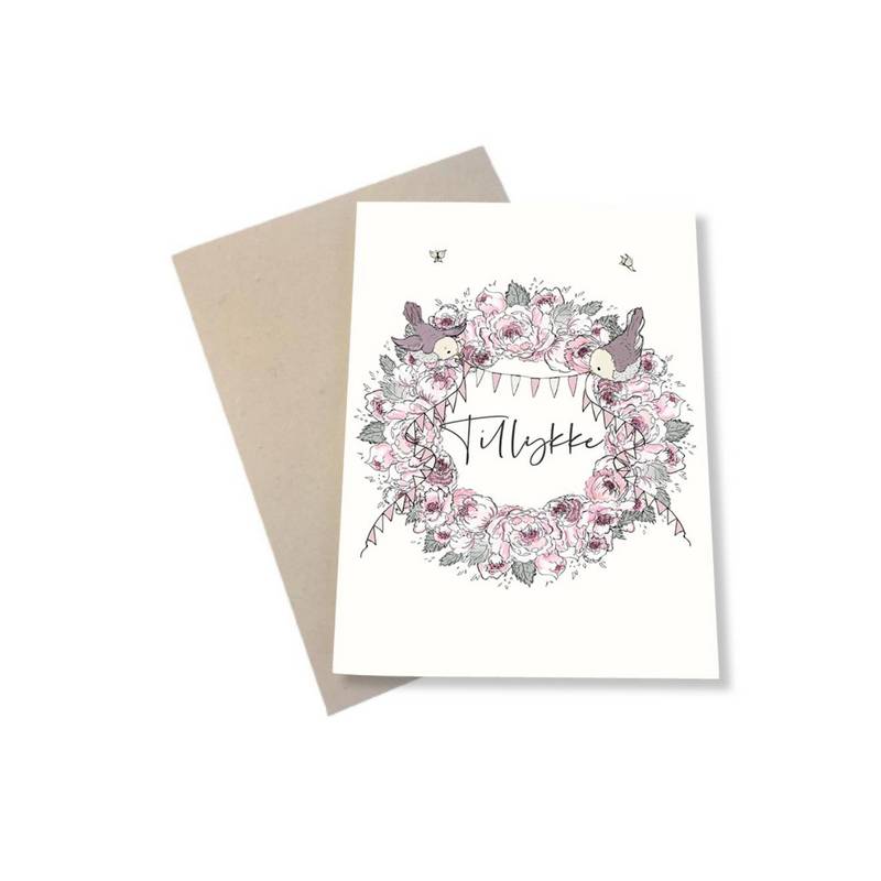 Tillykke Blomsterkrans Kort - 1 stk | Tillykke Kort / Invitationer / Gode råd - Temashop