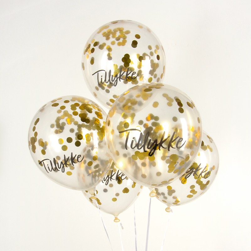 Tillykke Konfetti Balloner Guld - 5 stk (30 cm) | Tillykke Konfettiballoner - Temashop