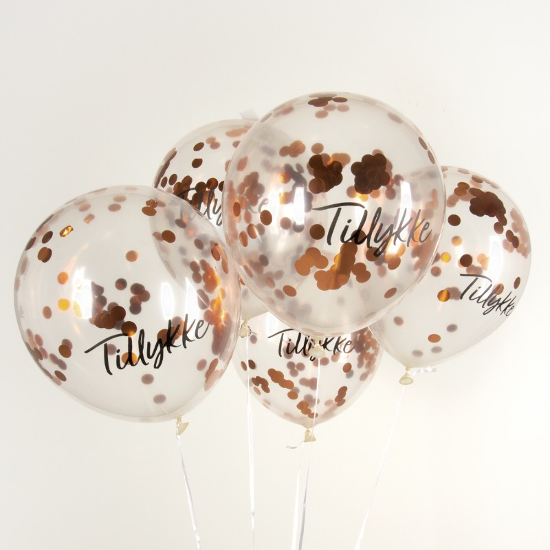 Tillykke Konfetti Balloner Kobber - 5 stk (30 cm) | Tillykke Konfettiballoner - Temashop
