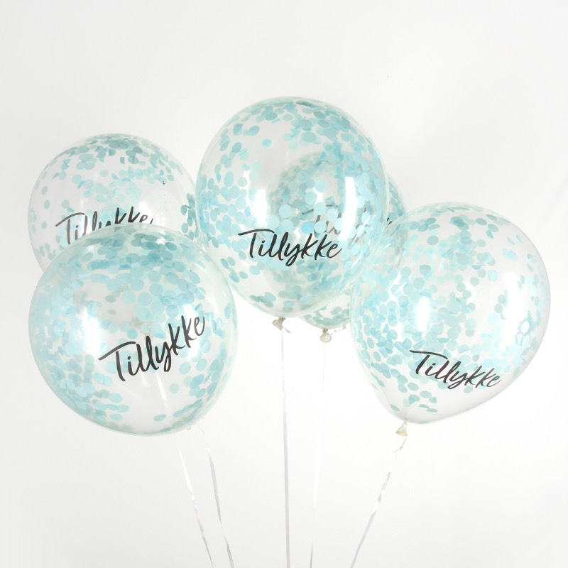 Tillykke Konfetti Balloner Lyseblå - 5 stk (30 cm) | Tillykke Konfettiballoner - Temashop