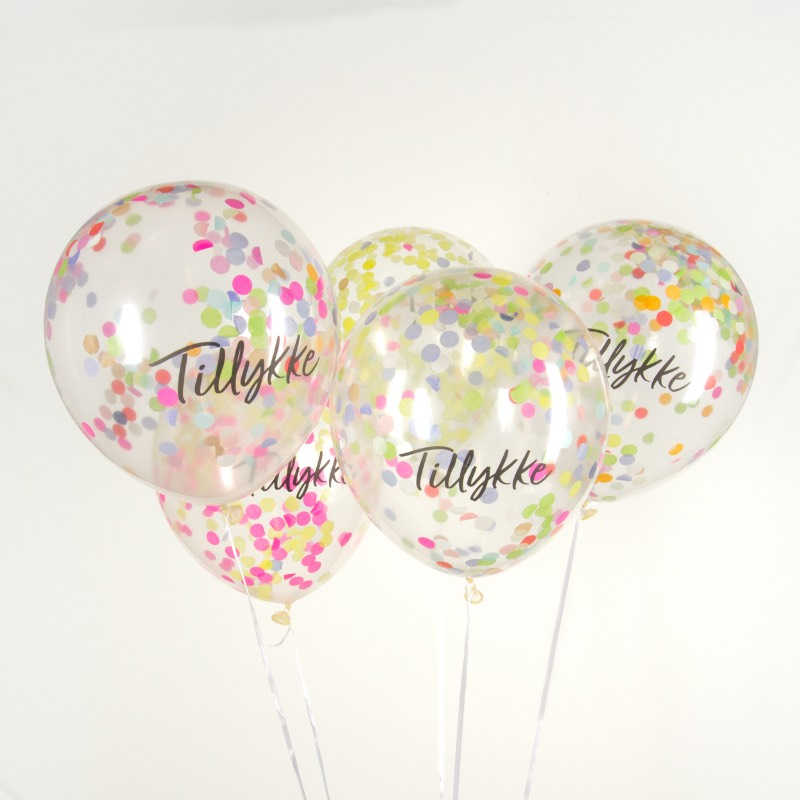 Tillykke Konfetti Balloner Multifarvet - 5 stk (30 cm) | Tillykke Konfettiballoner - Temashop