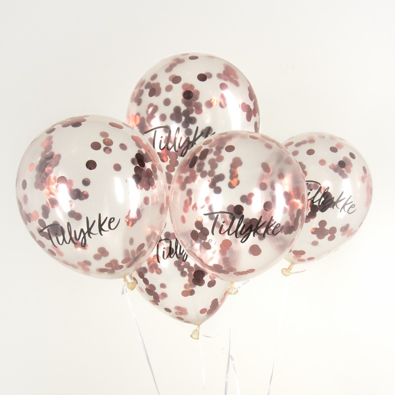 Tillykke Konfetti Balloner Rosaguld - 5 stk (30 cm) | Tillykke Konfettiballoner - Temashop