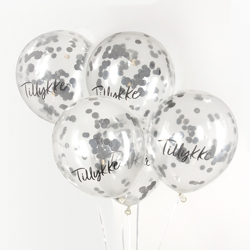 Tillykke Konfetti Balloner Sølv - 5 stk (30 cm) | Tillykke Konfettiballoner - Temashop