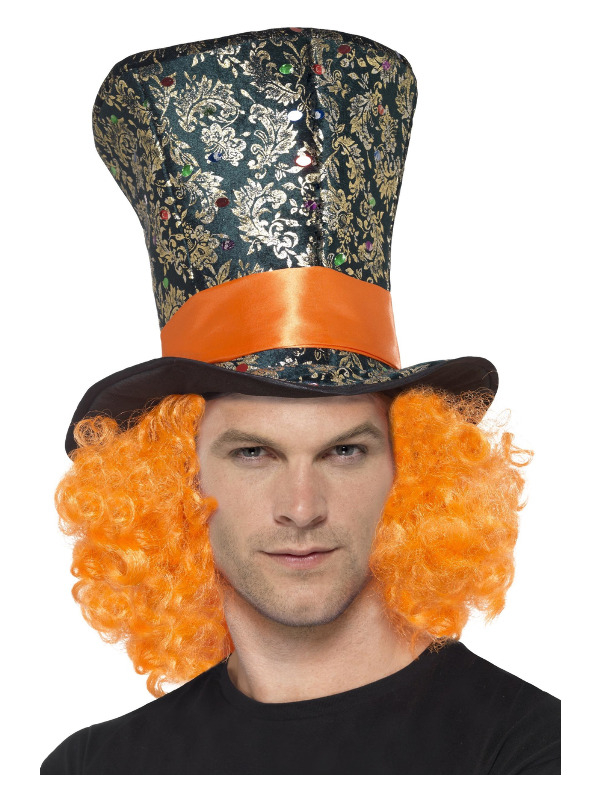Tophat med Hår & Orange Bånd | Alice i Eventyrland Hat / Hue / Hjelm - Hovedtilbehør - Temashop