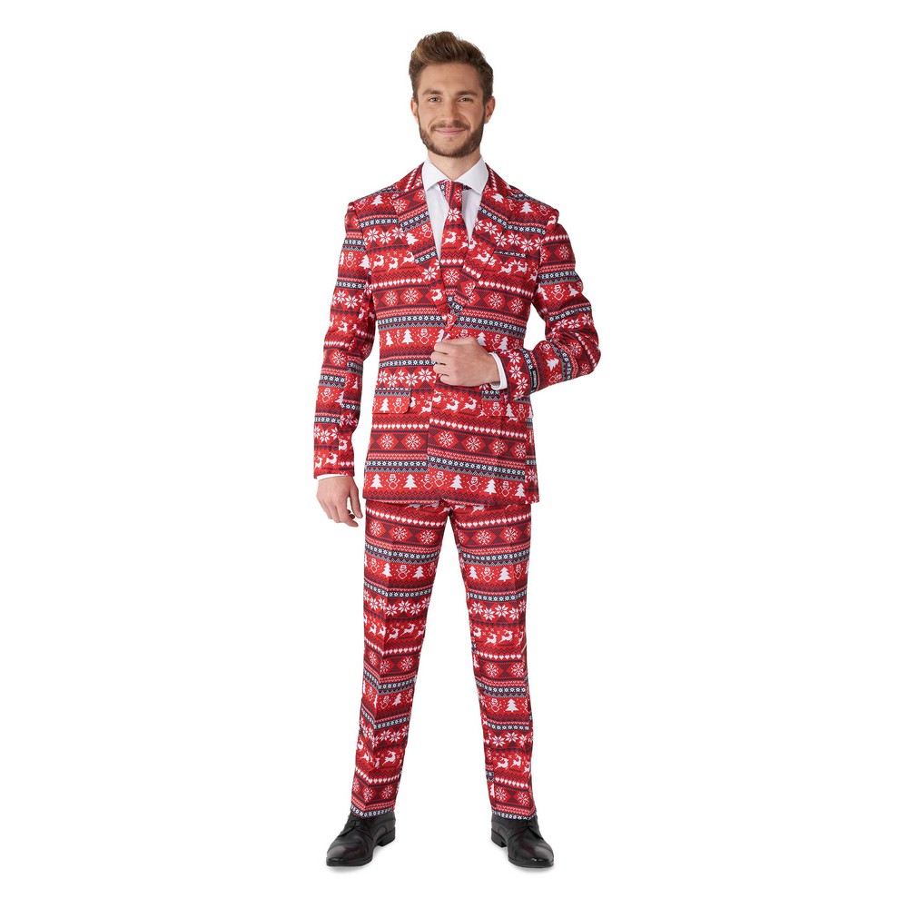 Suitmeister Nordic Pixel Jakkesæt Rød - Jul kostume til voksne i størrelserne S-XL | Juletøj kostume til mænd - Temashop