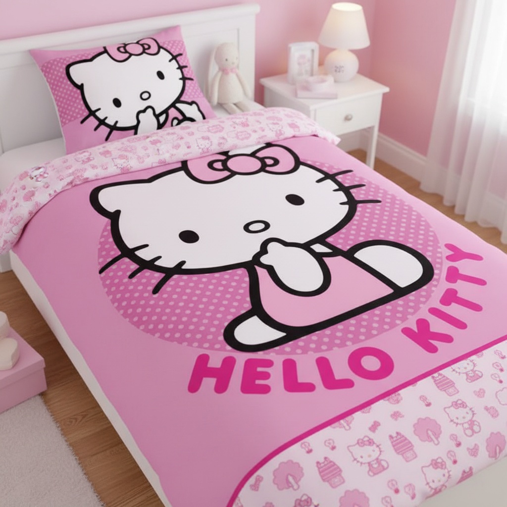Hello Kitty Sengetøj Lyserød (140 x 200 cm & 60 x 70 cm) | Hello Kitty Sengetøj - Temashop